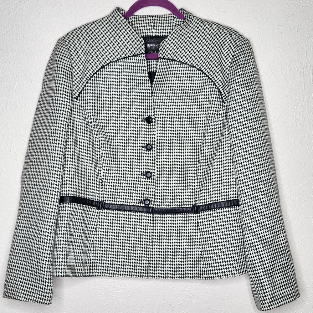 Vintage Black & White Houndstooth Blazer with Waist Piping